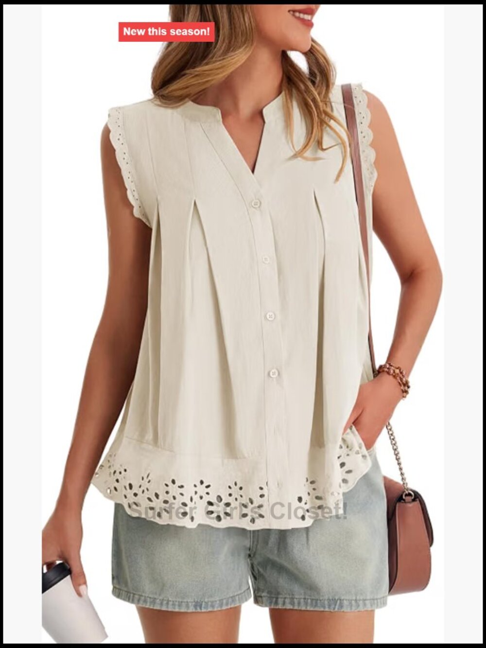 100% Cotton Eyelet Tank Top V Neck Ruffle Sleeveless Button Down Casual Summer